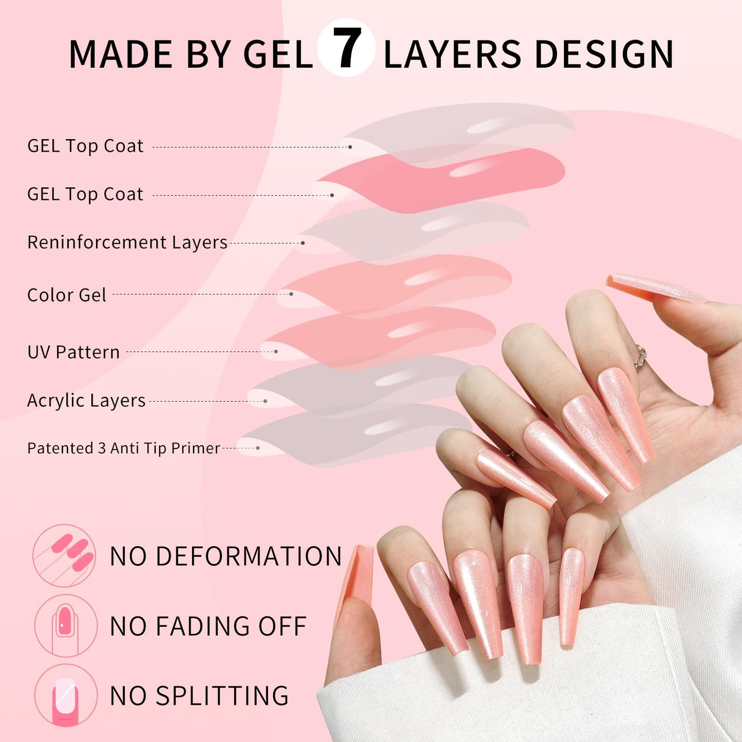 Pink Cat Eyes Press On Nails,12 Sizes - 24 Pcs Soft Gel Pink Long Coffin Fake Nails Kit with Nail Glue, Natural Reusable Stick On False Nails for Women and Girls SK1049