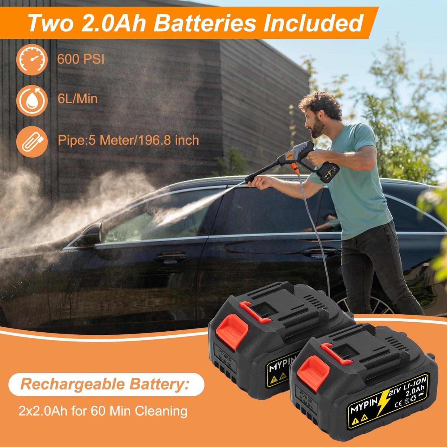 Portable Cordless Pressure Washer, 600 PSI with 21V 2 Rechargeable 2.0Ah Powered Pressure Washer, 6-in-1 Nozzle with 2 Batteries for Car/Fence/Garden/Floor/Yards Cleaning