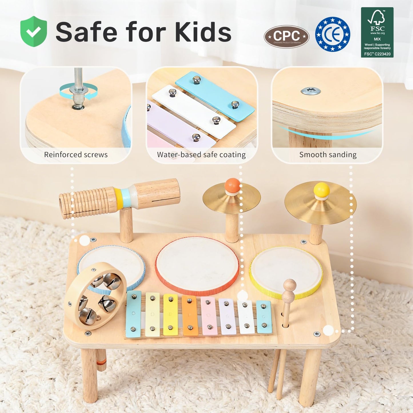 WINGYZ Kids Drum Set – 9-in-1 Montessori Toys for 1-3 Year Old & Wooden Musical Instruments for Toddlers, Baby Musical Toys with Drums, Xylophone, Helps Hand-Eye Coordination, Gift for 1-3 Boys Girls