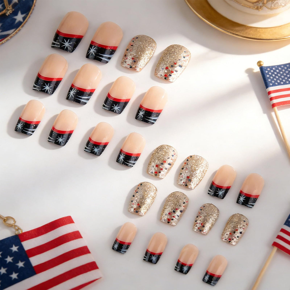 4th of July Press on Nails Medium Square French Tip Fake Nails Polka Dot Silver Glitter False Nails Independence Day Patriotic Nails Full Cover Glossy Stick on Nail for Women Manicure 24Pcs