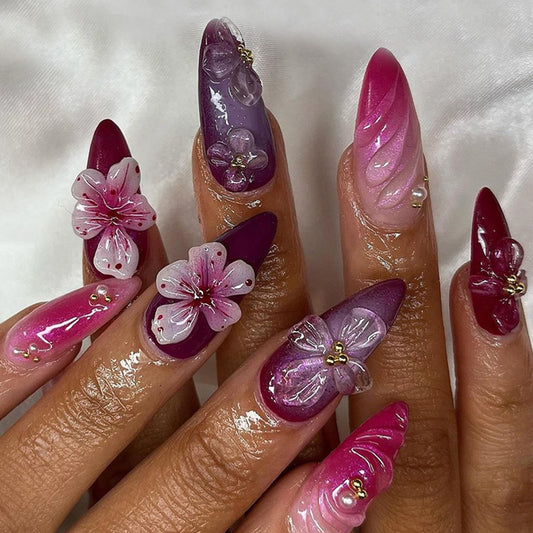 3D Flowers Press on Nails Medium Almond Fake Nails Cute Flower False Nails with Pearls Nail Charms Pink White Gradient Floral Design French Tip Press on Artificial Nails for Women DIY Decor Daily Wear