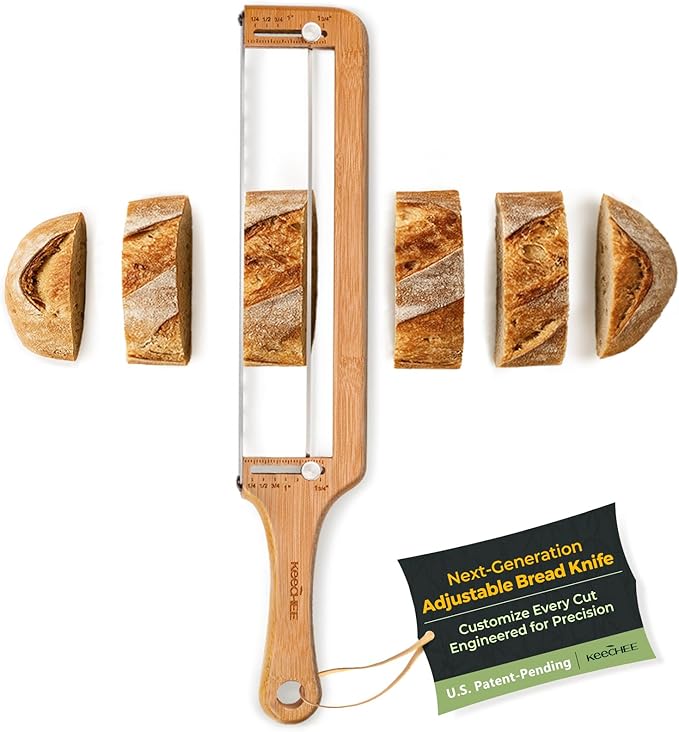 keechee Bread Pilot Adjustable Bread Knife â Upgraded Bread Slicer for Homemade & Sourdough Loaves, Serrated Stainless Blade with Precision Thickness Guide, Gift for Artisan Bakers