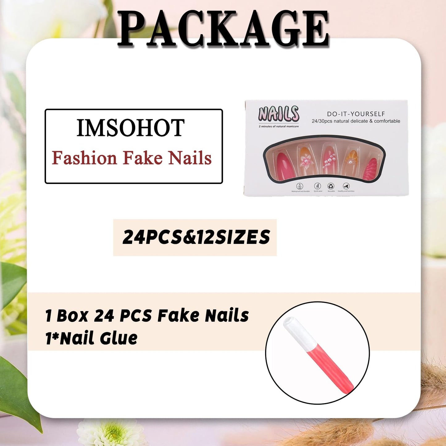 IMSOHOT Press on Nails Medium Almond Fake Nails Yellow Pink Gradient False Nails with 3D Flower Designs Full Cover Acrylic Gel Handmade Stick on Nails for Women Girls DIY Nail Manicure 24Pcs