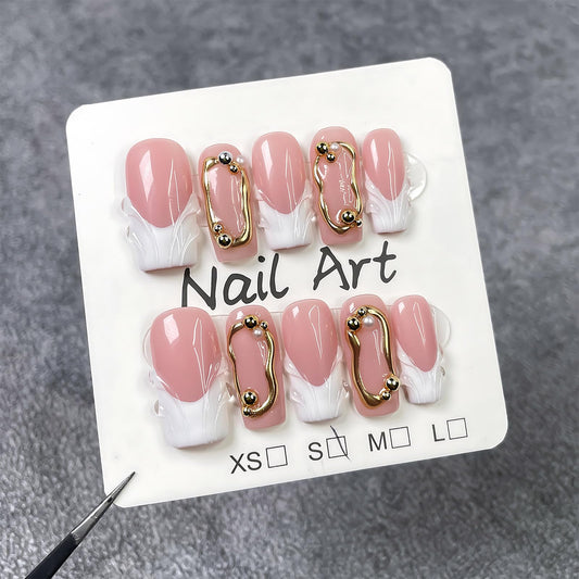 Handmade Press On Nails Short Square White Homemade Press On Nails French Tip With 3D Design Fake Nail Art For Women S