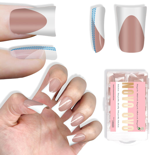 NOVO OVO Short Duck Nail Tips French Tip Press On BROWN PINK, Pre-designed Soft Gel Nail Extension, Need Buider Gel Top Coat, No Glue included, Full Cover Acrylic False Nails for DIY x 12 Sizes 240 pc