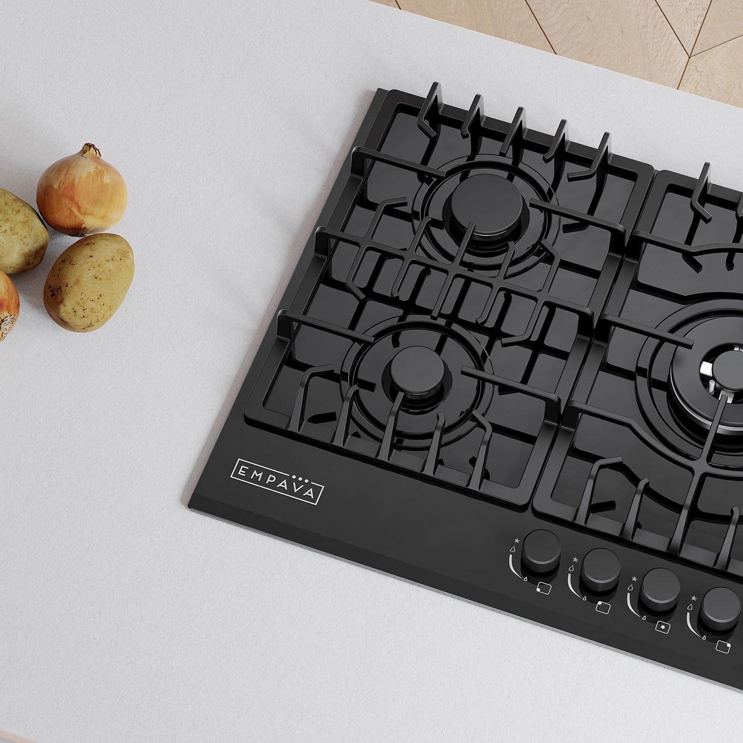 Empava 36 Inch Gas Stove Cooktop 5 Italy Sabaf Sealed Burners NG/LPG Convertible in Black Tempered Glass
