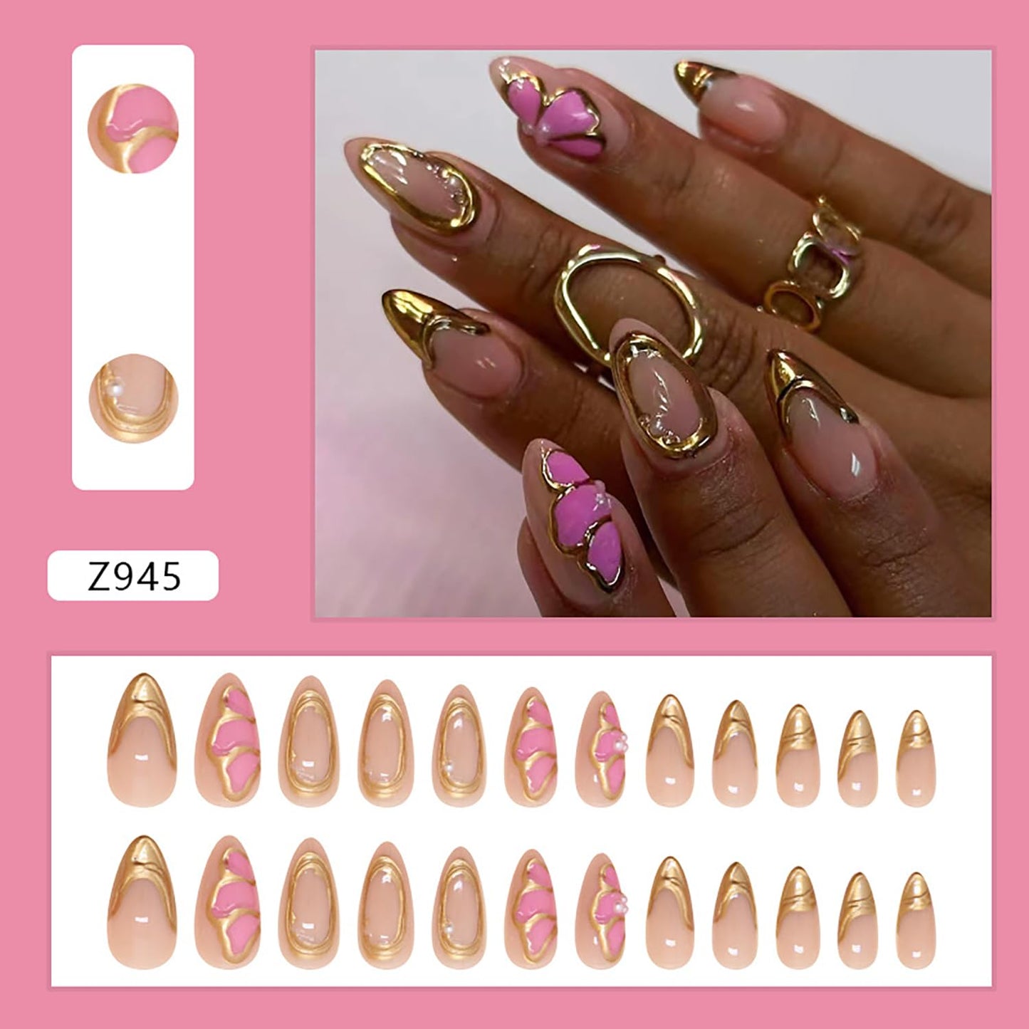 Flower Press on Medium French Tip False Nails - Floral Pearl 3D Gold Lines Design Acrylic Coffin Full Cover Almond Press Ones - Artificial Glue on for Women