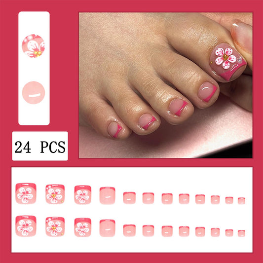 24pcs Pink French Tip Press on Toenails Short Square Pink White Flower Fake Toe Nails Kit with Pearl Gold Beads Lily Designs Summer Floral Full Cover False Toenails for Women Manicure Decoration