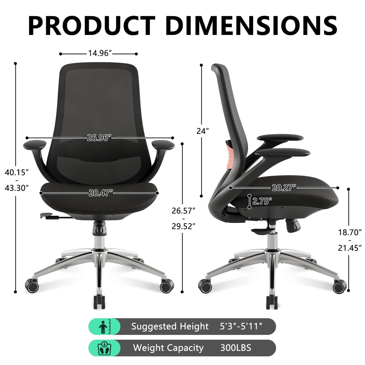 BV Ergonomic Office Chair, High Back Executive Desk Chair with 2D Armrests,Adjustable Lumbar Support, Breathable Mesh Computer Chair for Home Office & Gaming,Black