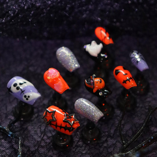 Halloween Press on Nails Handmade Ghost Press on Nails Short Coffin Fake Nail with Pumpkin Head Spider Designs Full Cover Glitter Halloween Glue on Nail for Women Girls (Size S)