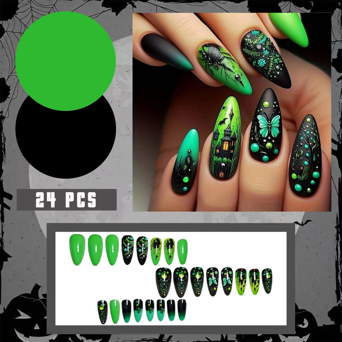 Halloween Press-On Nails Fluorescent Green Skull City Design False Nails Long Almond False Nails Butterfly Spider Acrylic Stickers Nail Gloss Halloween for Women Girls 24pcs