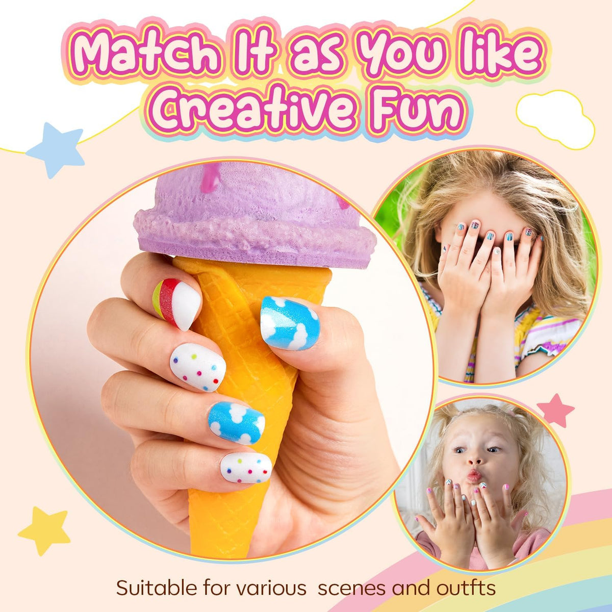 Modelones Press on Nails for Kids 144Pcs 6 Pack Children Acrylic Fake Nails Pre-glue Full Cover Glitter Gradient Color Cloud Heart Short False Nail Art Kits Sets Christmas Gifts for Kids Girls