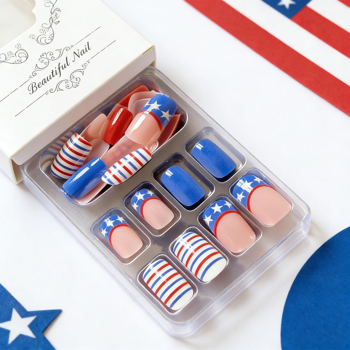 4th of July Press on Nails Medium Square Fake Nails Red Blue White Acrylic Nail with Star Stripes Design Independence Day Patriotic Nails Full Cover Stick on Nails for Women French Manicure 24Pcs