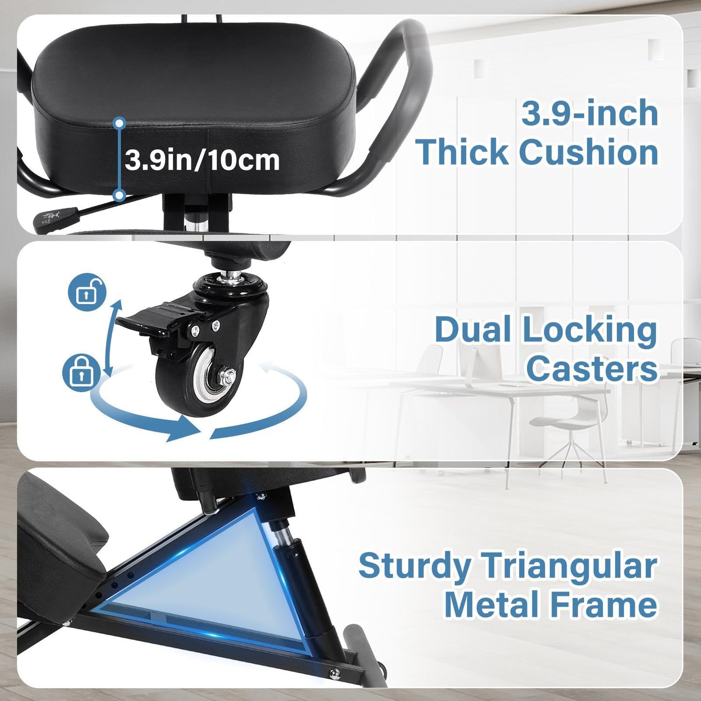 Ergonomic Kneeling Chair with Back Support, Height Adjustable Stool for Home and Office, PU Kneeling Chair for Desk to Relieve Back Discomfort, Thick Moulded Foam Cushions Brake Casters