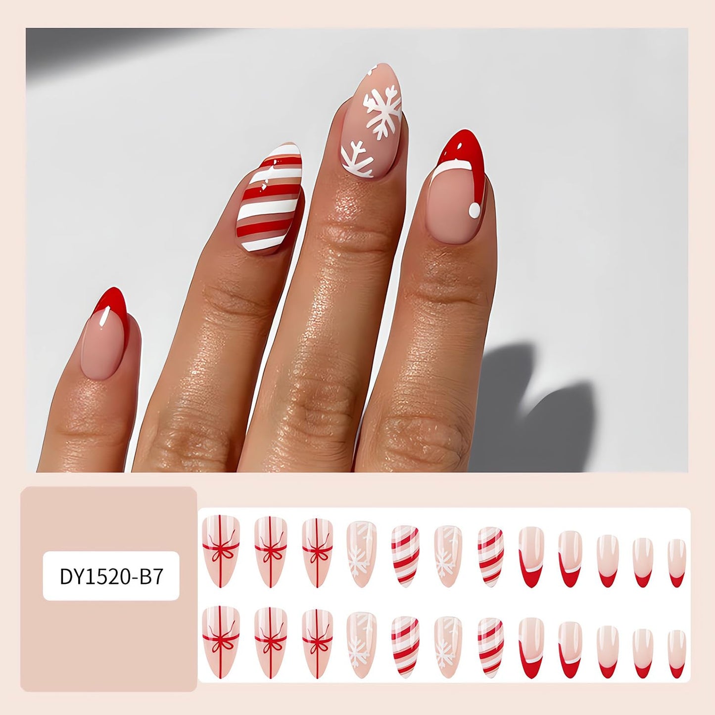 Medium Christmas Press on Nails Almond Shape Fake Nails Red Christmas Hat False Nails French Tip Designs Acrylic Glue on Nail Glossy Full Cover Snowflake Bow Stick on Nails for Women Nail Art 24Pcs