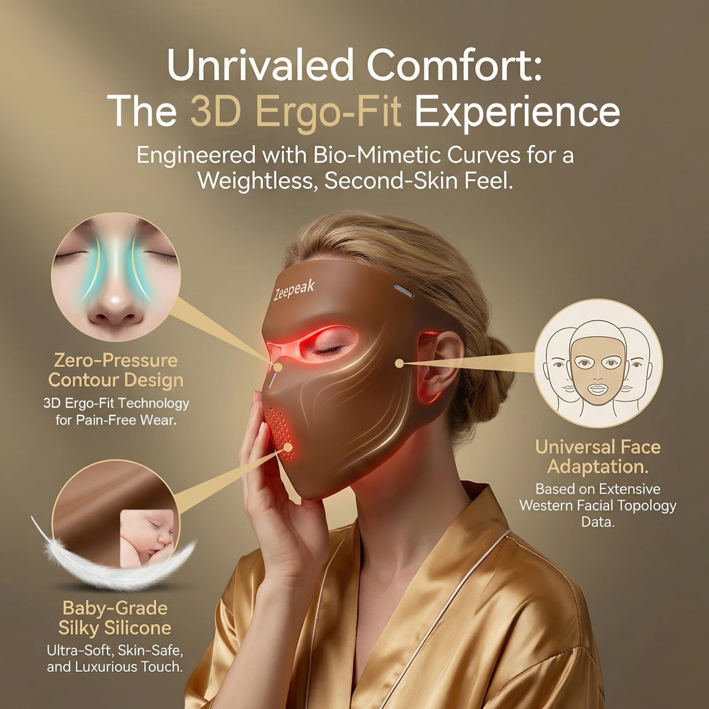 Zeepeak 3D LED Red Light Therapy Mask, FDA-Cleared, 360 LEDs, Anti-Aging & Blemish Repair, 5 Modes Red, Blue, Yellow with 850nm & 1072nm Dual-NIR, Eye-Protection, Portable Design for Home Travel