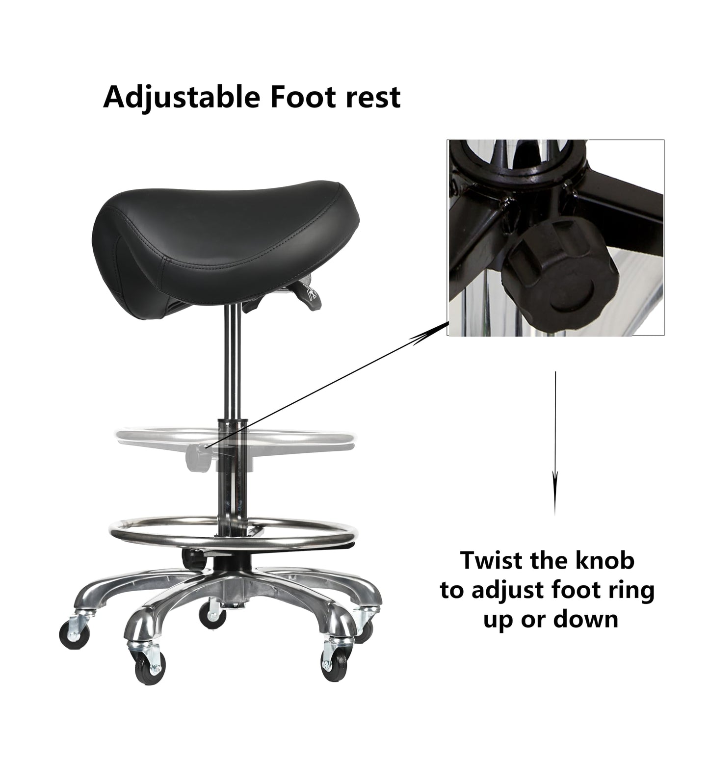 Cadiario Saddle Tilting Stool Rolling Chair with Thicker Seat Swivel Ergonomic Height Adjustable Footrest Wheels for Beauty Spa Salon Dental Medical Clinic Kitchen Home Office Shop Bar Black