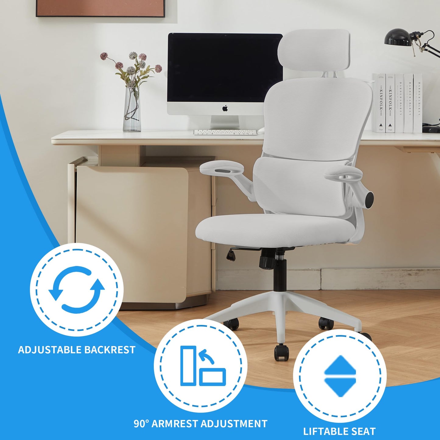 Vigosit Ergonomic Mesh Office Chair, 400 lbs Capacity, High Back Desk Chair with Adjustable Lumbar Support, 3D Headrest, Flip-Up Armrests, and PU Wheels for Long Workdays and Home Office (White)