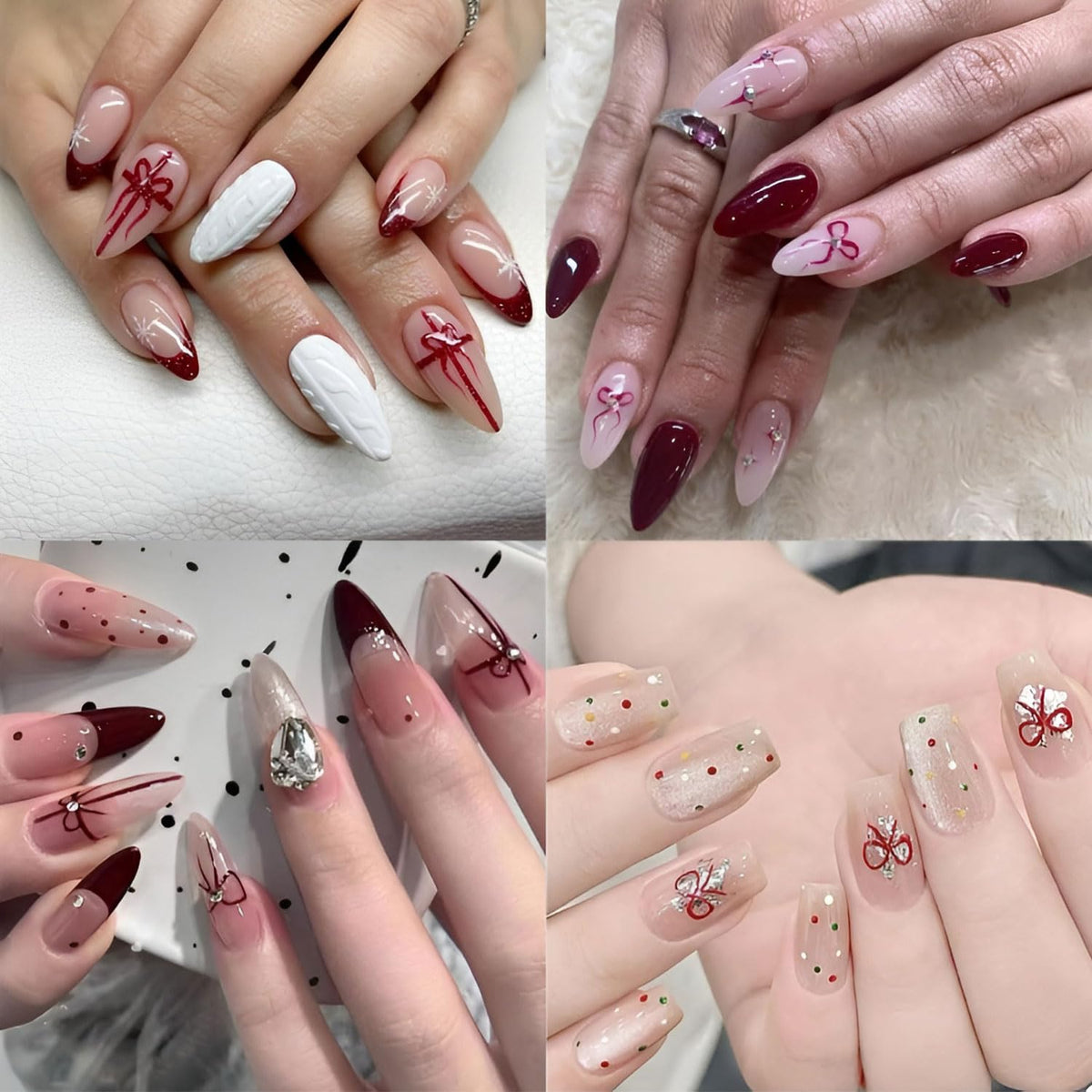 4 Sheets Nail Stickers Bow Nail Art Stickers 5D Rhinestones Relief Cute Red Block Bow Design Nail Supplies for Women Valentines Nails DIY Manicure Decorations