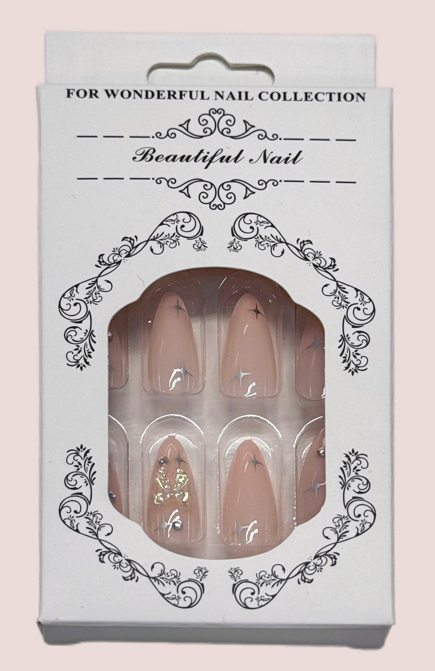 Almond Press On Nails Medium Fake Nails with Nude Gradient&Rhinestones Star Designs in 12Sizes-24PCS,French Tip Nail Set for Women&Girls, Nail Washable,Easy Application for Parties,Daily Wear