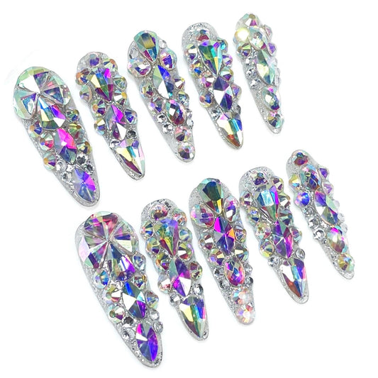 Handmade 3D Full AB Rhinestone Stiletto Press On Nails, Luxury Shiny Artisan Nails Set, Reusable Glossy Press-ons with Tool Kit(S)