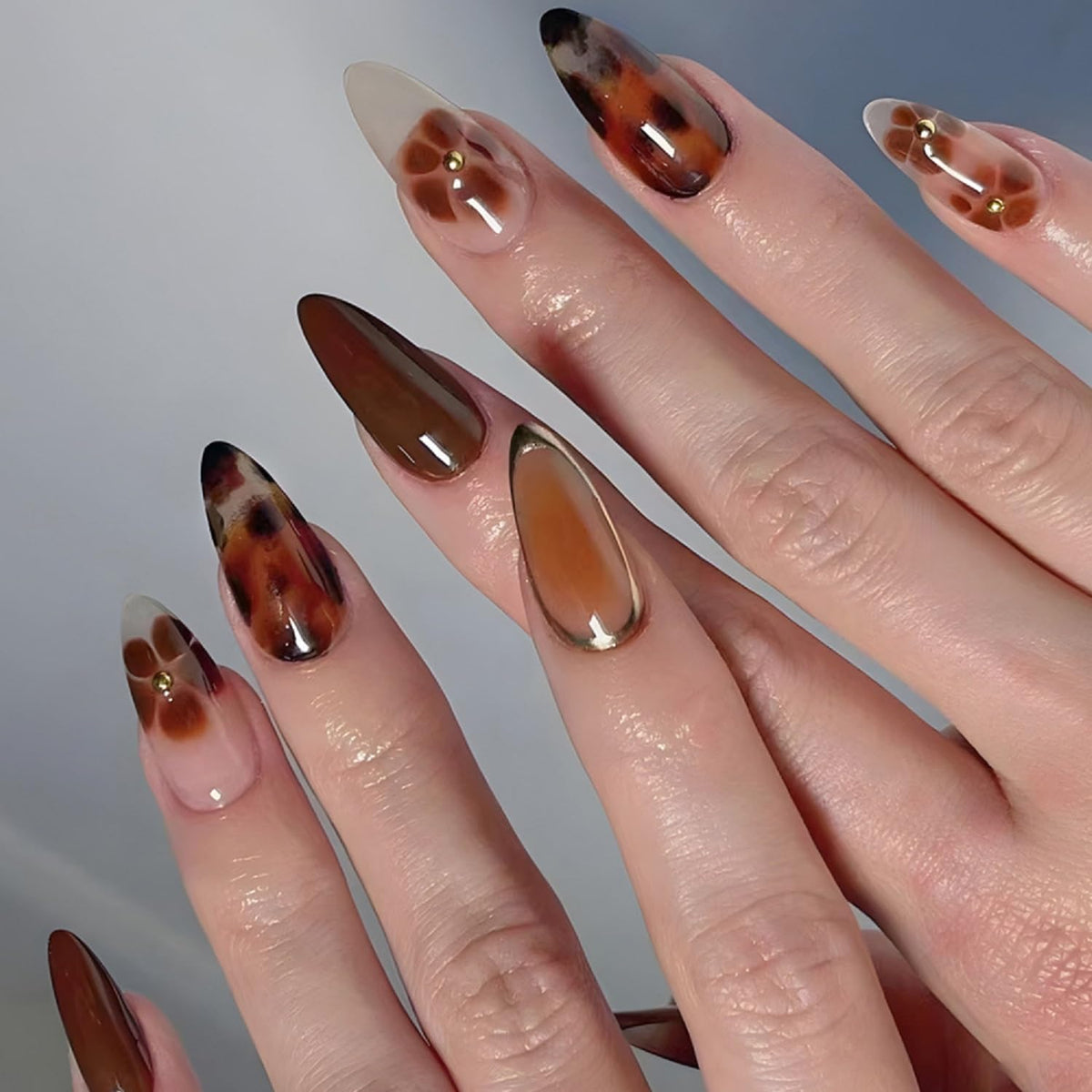 Medium Almond Press On Nails Brown Fake Nails Leopard Print With Flower Gradient Design Fall False Nails Reusable Glue On Nai Acrylic Stick On Nail For Women Girls DIY Manicure 24pcs