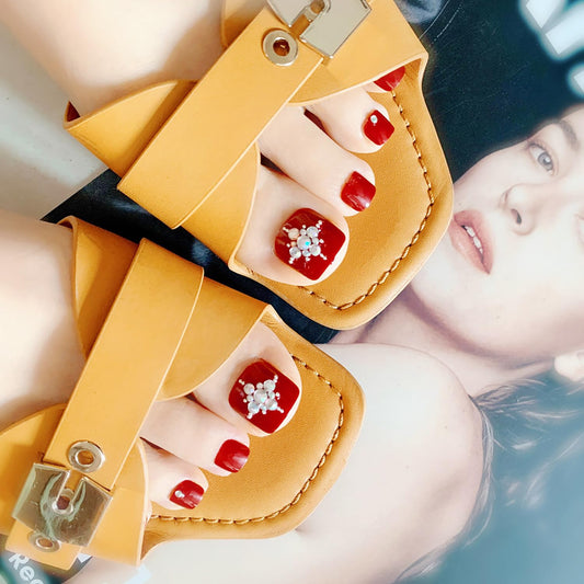 Red Artificial Acrylic Fake Nails for Toe, Press on Toenails Coffin with Rhinestone Designs, Full Cover Reusable False Toenails with Glue, Glue on Toe nails with Charm for Women Girls（JP1057）