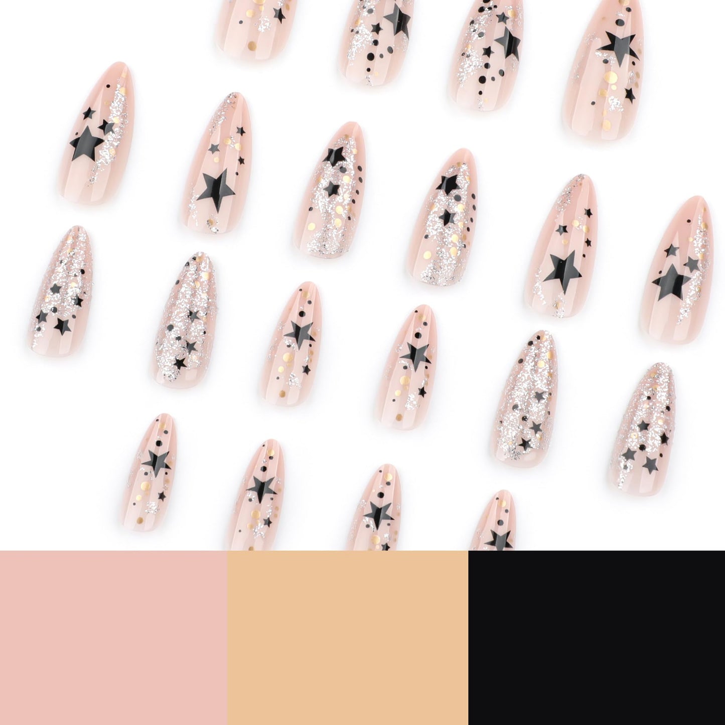 IMSOHOT Medium Press on Nails Almond Nude Fake Nails with Black Star & Silver Glitter Designs Full Cover Glossy Y2K Nail Supplies Acrylic DIY Nail Art Stick on False Nails for Women