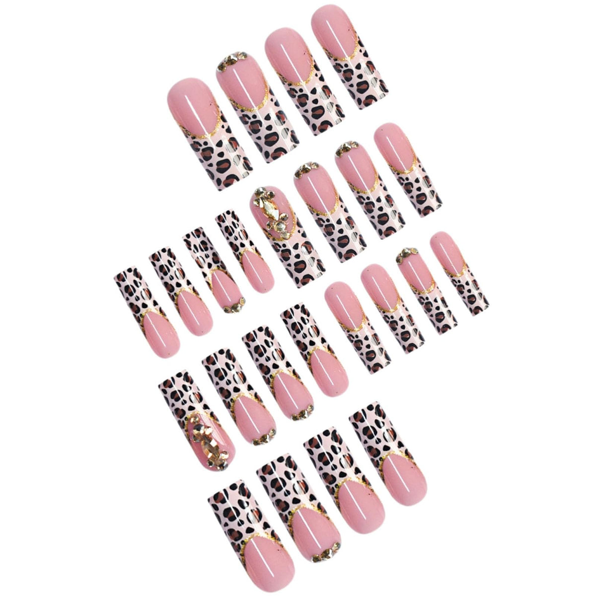 IMRAIN Long Square Press on Nails Leopard Print French Tip Fake Nails with Rhinestone Designs Brown Acrylic False Nails Glossy Fall Glue Stick on Nails for Women 24Pcs