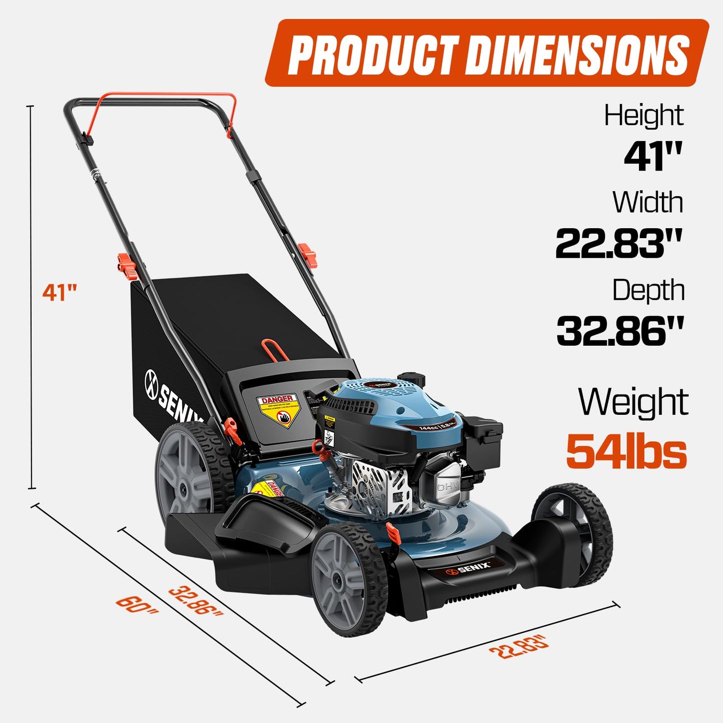 SENIX 144 cc 21-inch Push Lawn Mower, Gas-Powered 4-Stroke Engine, 3-in-1 Design, Steel Deck, 6-Level 1.25''-3.75'' Cutting Height, with 1.7 Bushels Grass Bag