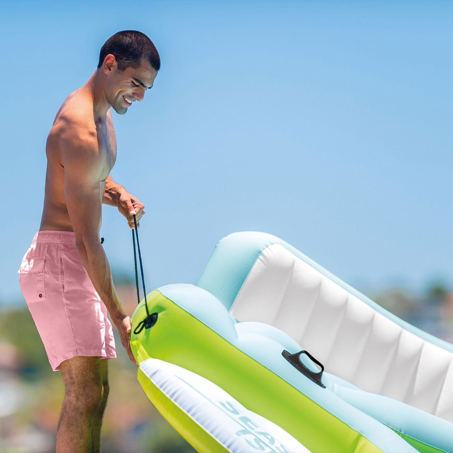 Intex Seascape Inflatable Island Float Ultimate Water Hangout Lounge with Built In Cooler Area, Cup Holder, and Oversized Backrests for Adults