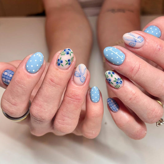 Spring Press on False Nails Polka Dot Fake Nails Blue Short Oval Glue on Nails with Blueberry Checkered Bow Designs Glossy Press ons Stick on Nail for Women Manicure 24Pcs