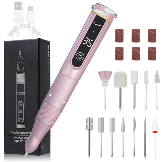 Cordless Nail Drill, 35000RPM Professional Efile Nail Drill Machine, LCD Display Rechargeable Portable Electril Nail Drill with 12pcs Bits and 6pcs Sanding Bands for Acrylic Nails Gel Polish Remover