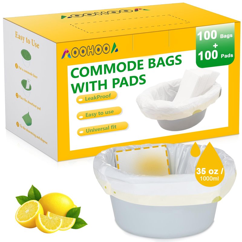 AOOHOOA Bedside Commode Liners with Pads | 100 Commode Bags+100 Absorbent Pads | Leak-Guard | Rapid Absorption | Lemon Scented | Bedpan | Bedside Commode | Camping Toilet