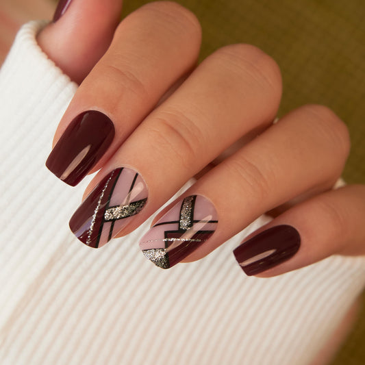 CurvLife Press on Nails Short Square Pink Brown False Acrylic Fake Nails with Apricot Design Full Cover Glossy Nude Artificial Stick on Nails for Women