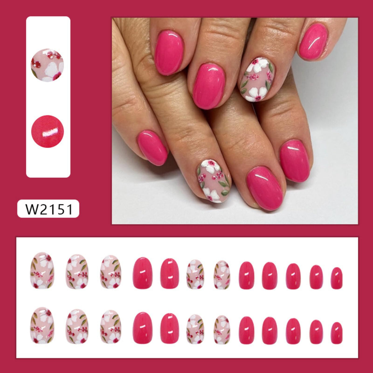 Floral Medium Oval Press on Nails Hot Pink Base White Floral Accents Green Leaf Details Glossy Finish Reusable Spring Nails Easy Apply Fashion Party Wear Durable Trendy Women Girls Nail Art 24 Pcs