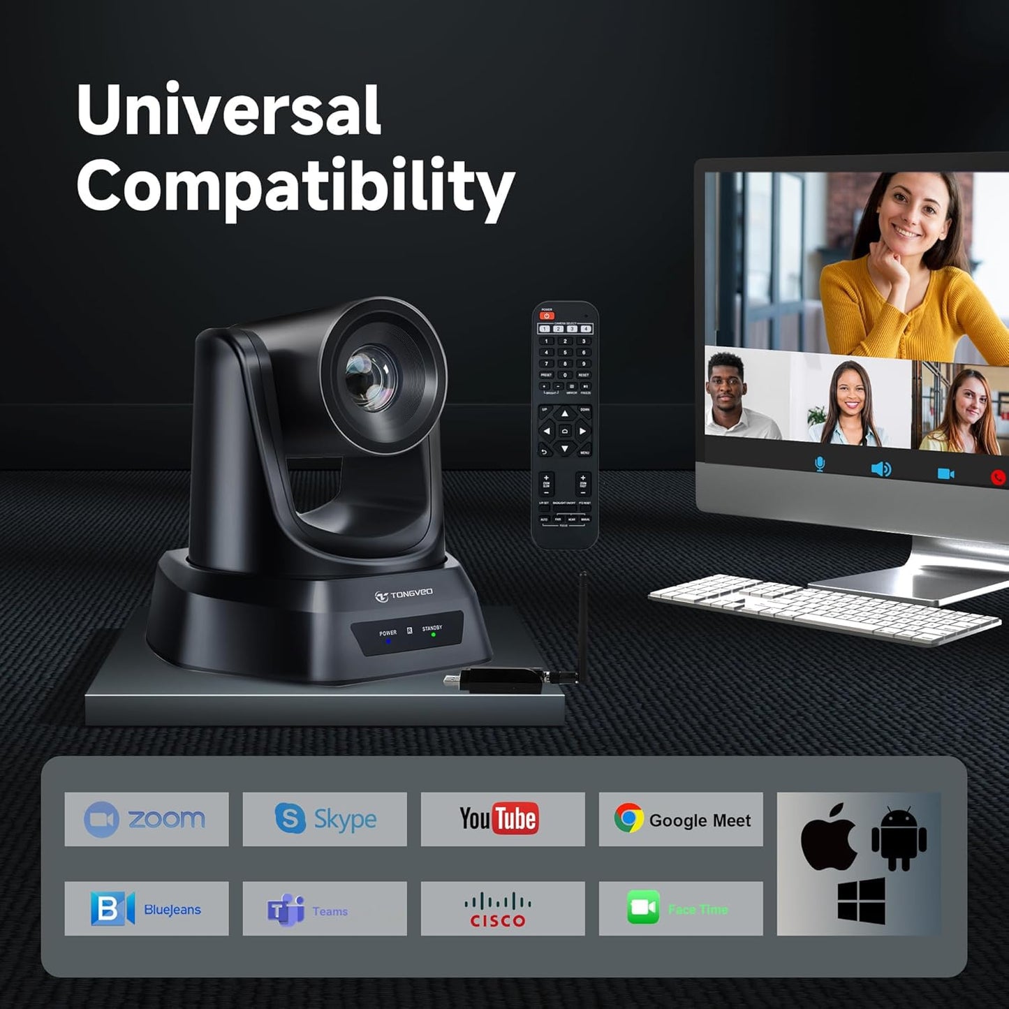TONGVEO 5.8GHz Wireless Conference Room Camera System | 3X 60fps PTZ Camera with Bluetooth Microphone, 50ft Range, Compatible with Zoom, OBS - Easy Setup for Worship and Online Meetings