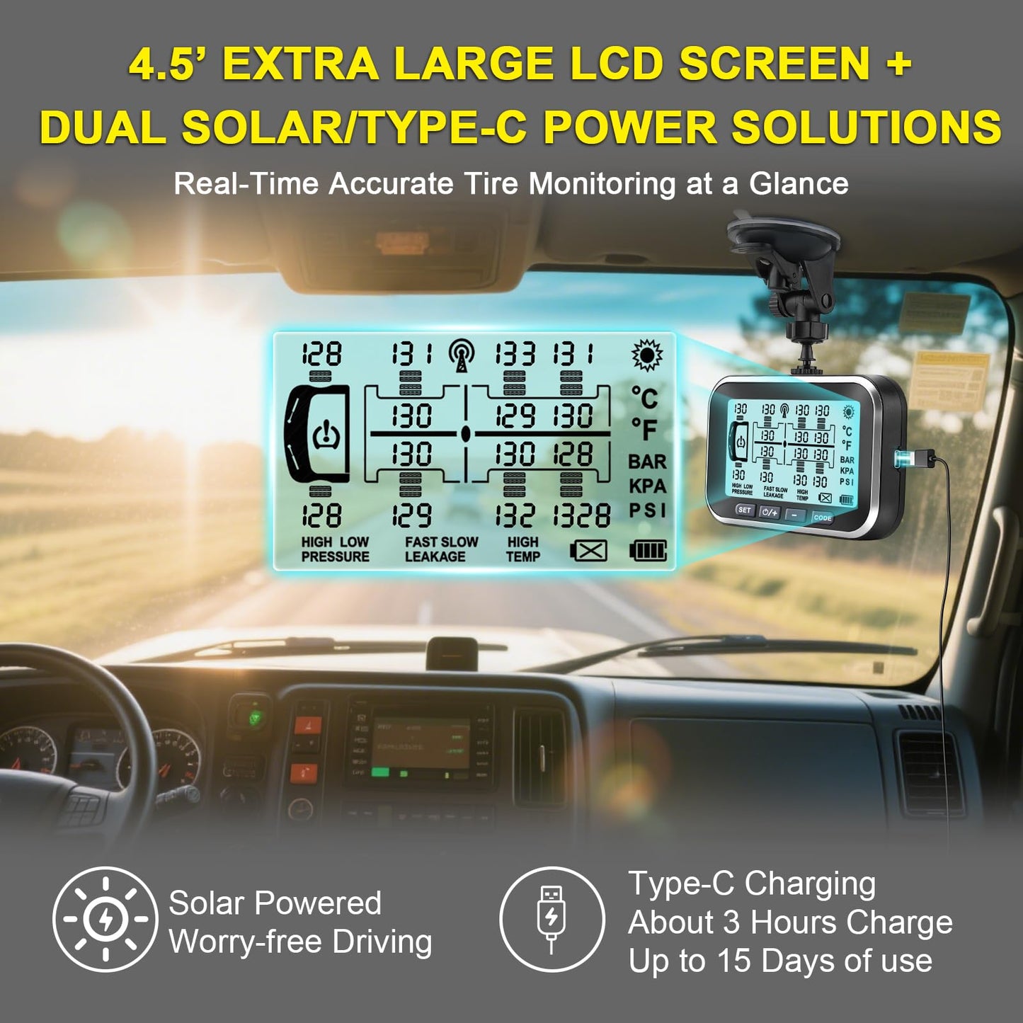Trailer Tire Air Pressure Monitoring System, 4.5" Solar TPMS w/ 10 Flow Thru Sensors and Signal Booster,Long Sensing Distance,Taimster 6 Alerts Monitor for Semi Truck/RV/Camper/RV,0-199PSI