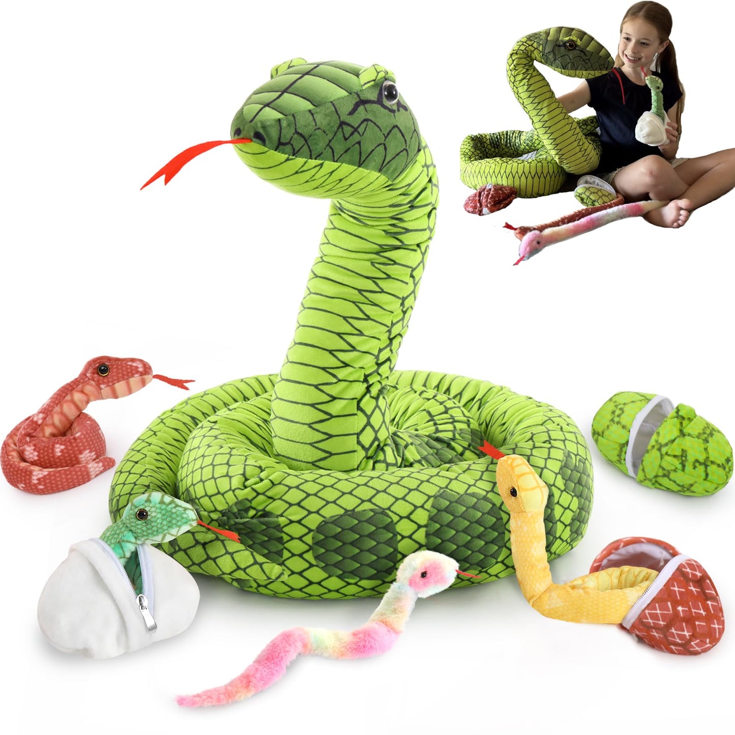 MaoGoLan 118 inch Giant Green Stuffed Snake, Realistic Mommy Snake with 4 Babies & 3 Eggs Plush Toy, Large Green Boa Constrictor Stuffed Animal for Boys Girls Kids Christmas Easter Gift