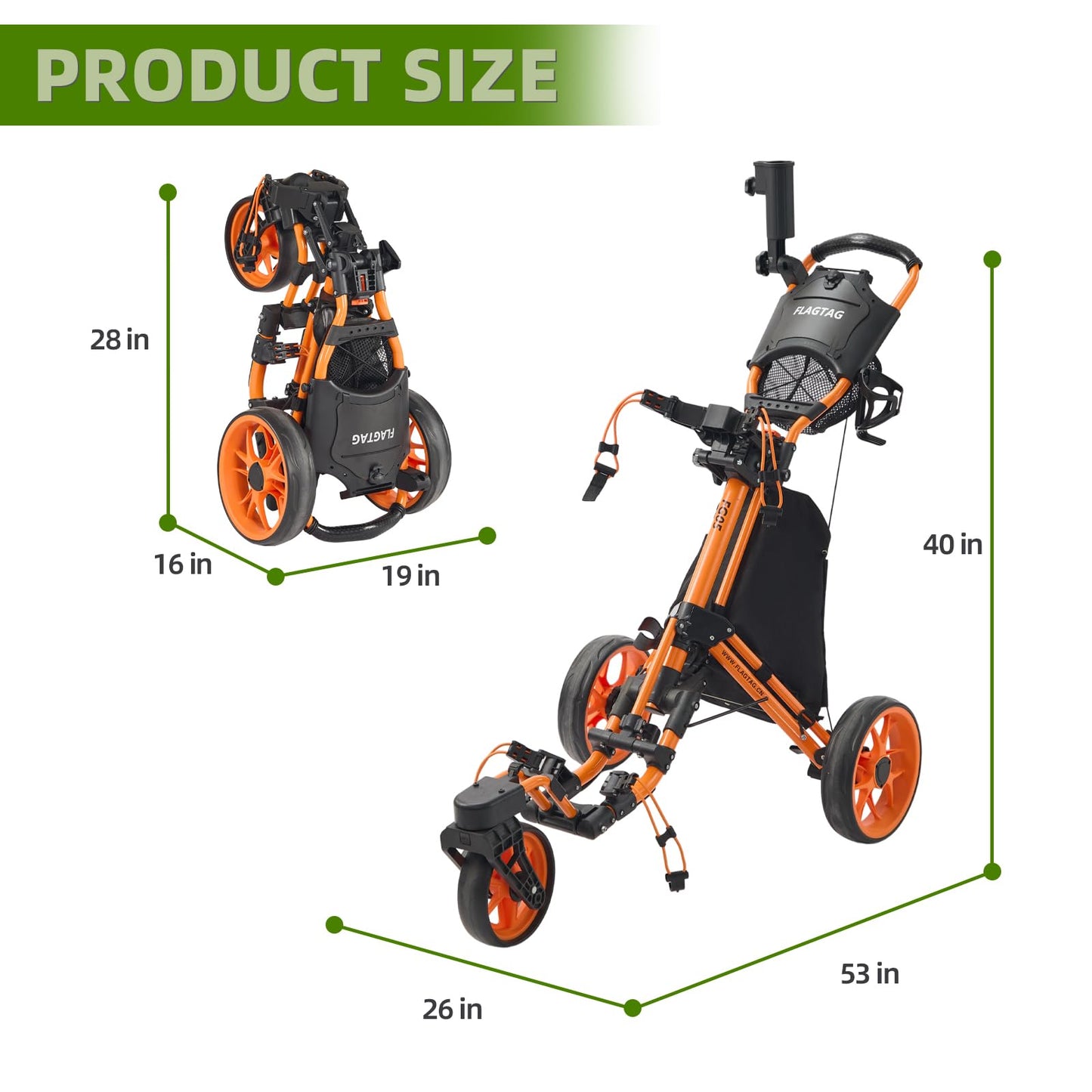 FLAGTAG Golf Push Cart 3 Wheel with 360 Swivel Front Wheel,Lightweight and Foldable Walking Golf Cart，One-Click Foldable,with Foot Brake