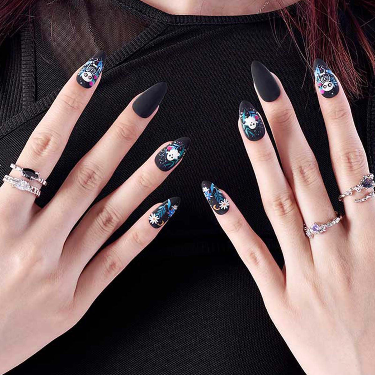 GLAMERMAID Dull Polish Black Press on Nails Medium Almond, Halloween Floral Ghost Gel Glue on Nail, Gothic Short Stiletto Reusable UV Finish Fake Nail, Acrylic Oval False Nails Manicure Kits for Women