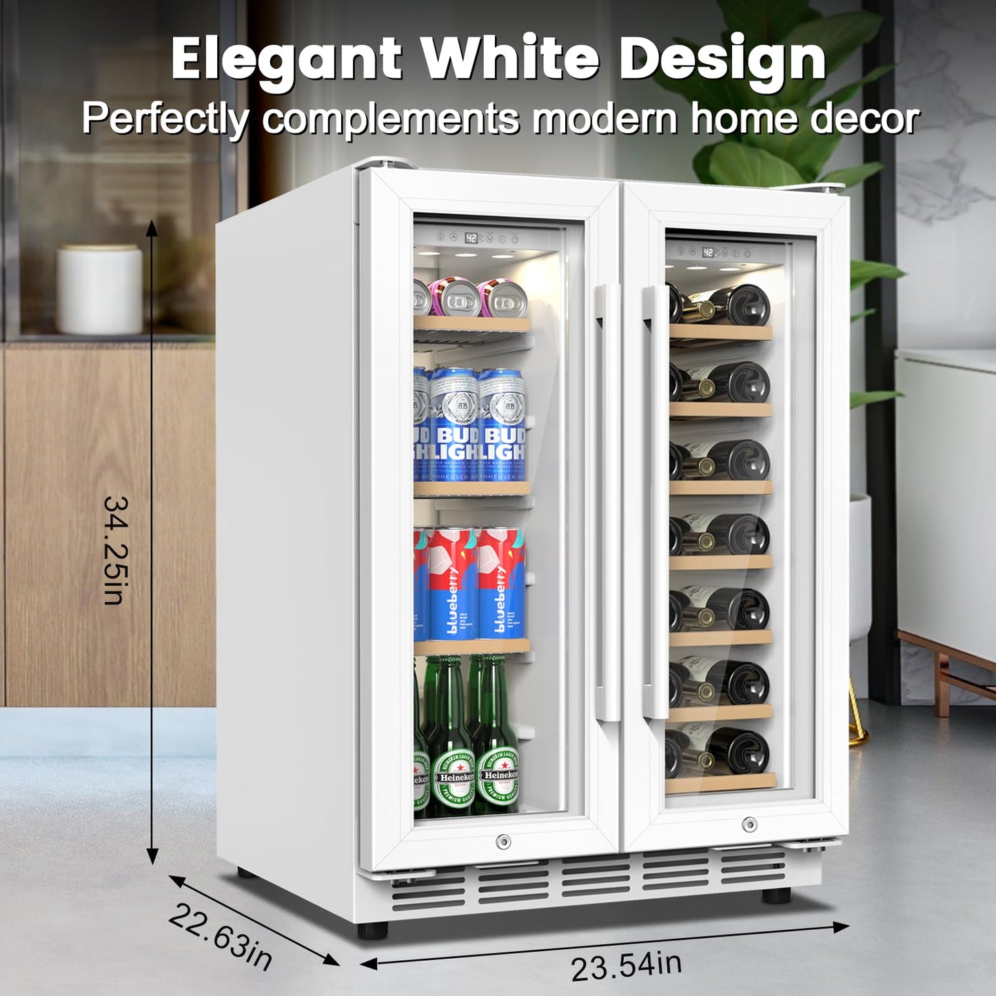 Velieta 24 Inch Dual Zone Wine and Beverage Refrigerator - Under Counter Built-in/Free Standing Beverage Cooler with Glass Door,Beverage Fridge with Large Capacity, Advanced Cooling System, White
