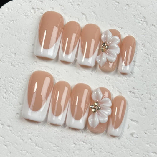 White French Tip Handmade Press on Nails Medium Square Fake Nails Muti-Layer Gel False Nails with 3D Flower Rhinestones Designs Thick Acrylic Nails Full Cover Stick on Nail for Women Nail DIY (Size M)