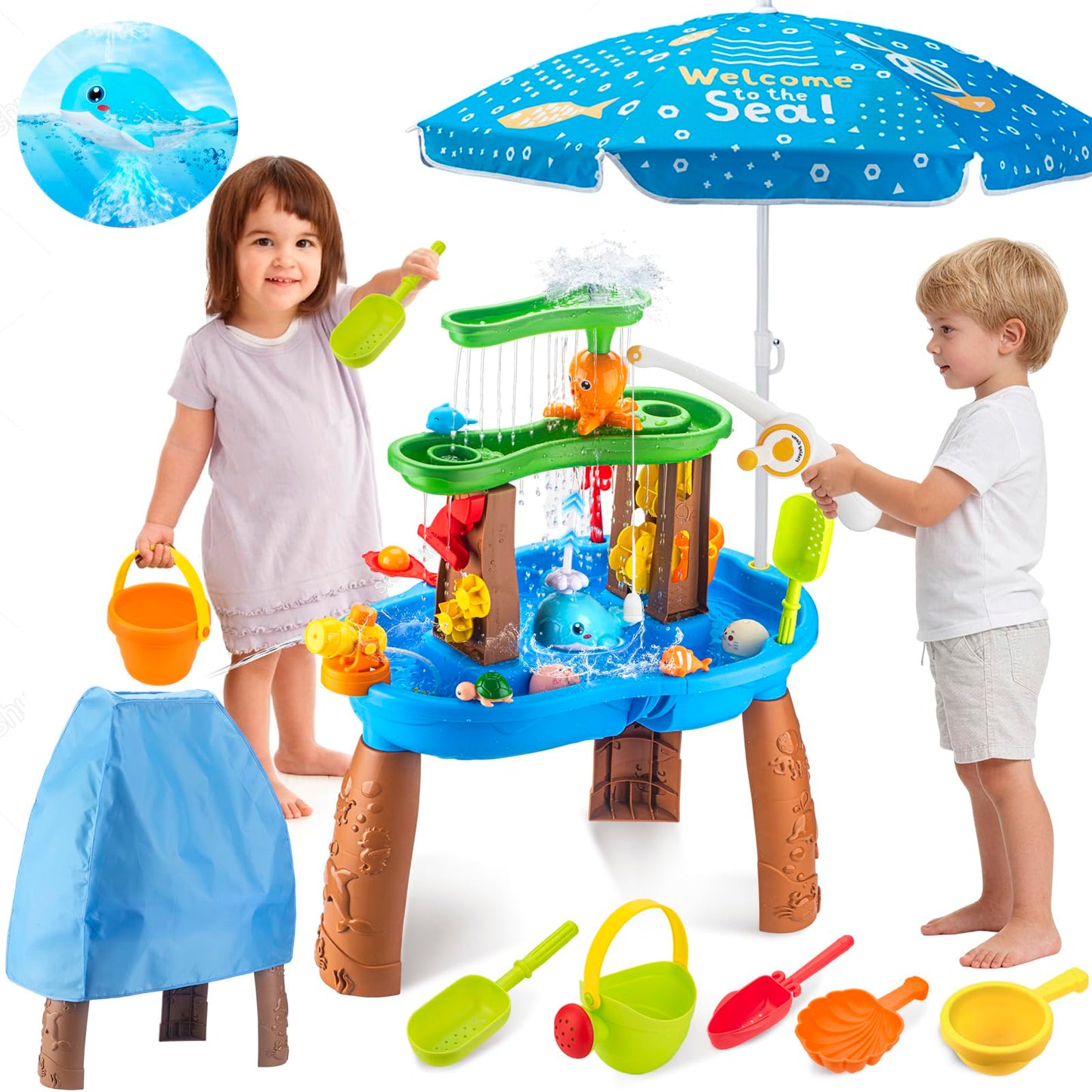 ZACEAC Water Table for Toddlers 3-5 with Umbrella Outdoor Toys for Kids Ages 4-8 Kids Sand Water Table with Fishing Game Set Activity Sensory Table with Water Pump Summer Gift for Kids