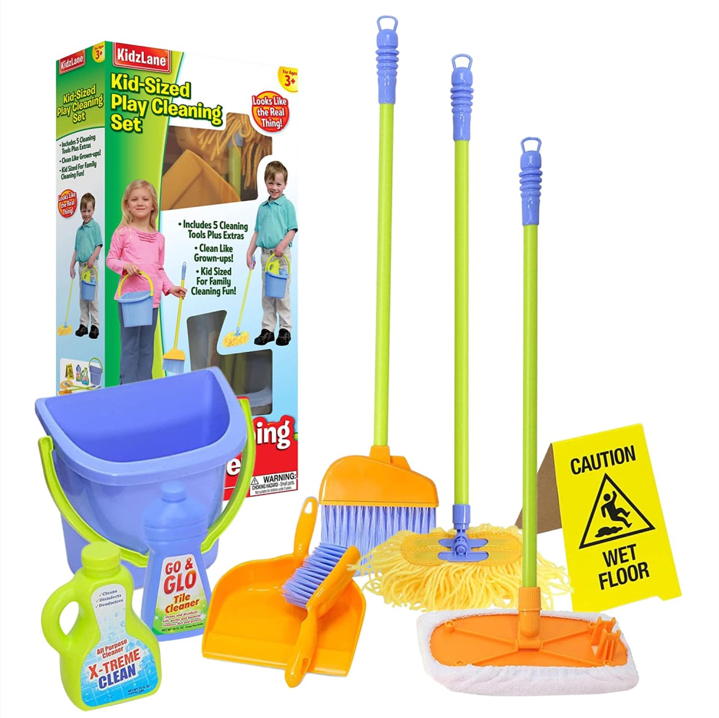 Kidzlane Kids Cleaning Toy Set - Toddler Cleaning Set with Realistic Broom, Mop, and Dustpan with Wet Floor Sign and Cleaning Tools - Kids Broom Set for Ages 3 and Up - Fun Playtime for Boys and Girls