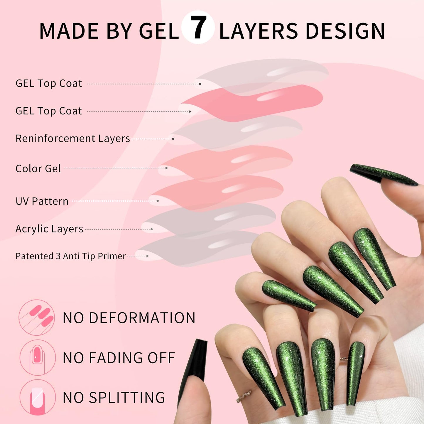 Green Cat Eyes Press On Nails,12 Sizes - 24 Pcs Soft Gel Green Long Coffin Fake Nails Kit with Nail Glue, Natural Reusable Stick On False Nails for Women and Girls SK1043