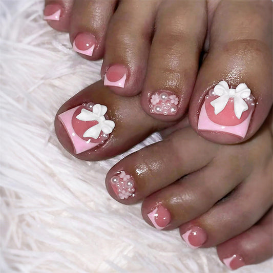 IMRAIN Pink Press on Toe Nails Square French Tips Fake Toenails Short Glossy Acrylic False Toenails with Bow & Pearl Designs Full Cover Glue on Nails for Women 24Pcs