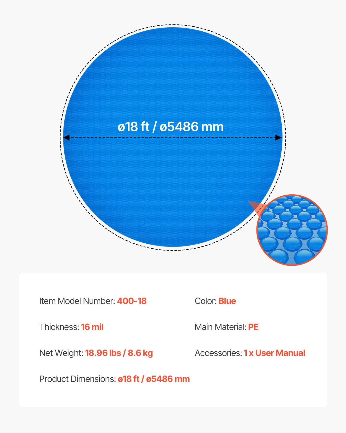 VEVOR Solar Pool Cover, 18 ft Round Pool Bubble Cover, 16 Mil Pools Solar Blanket with Bubble & PE Material, Daytime Heat Absorption, Nighttime Heat Retention, Heat Retaining Solars Covers, Blue