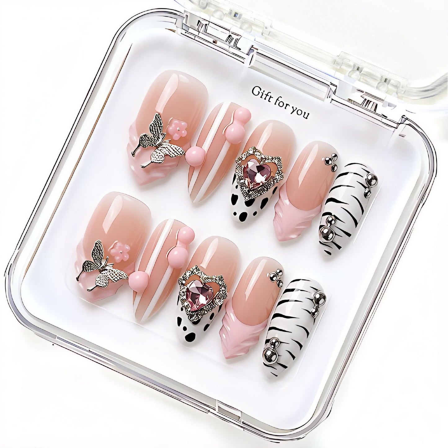 Handmade Press on Nails Almond Medium Reusable Acrylic Homemade Nails French Tip With 3D Design Fake Nail Art Sweet Cool Butterfly Press ons Nail for Women Full Cover Nail Decorations M