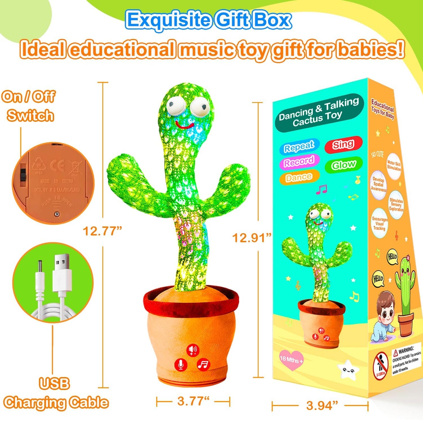 Vitosup Rechargeable Baby Toys Dancing Talking Cactus Toy, Volume Adjustable, Singing Mimicking Repeating, Easter Gifts/Easter Basket Stuffers for Baby Toddler, Baby Infant Toys Gifts for Girls Boys